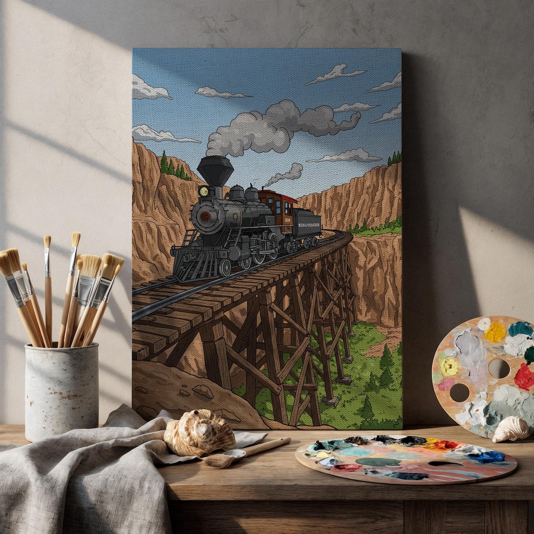 Steam Locomotive Canvas Wall Art Framed, Vintage Train Crossing Trestle ...