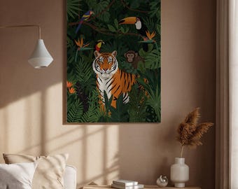Lienzo enmarcado con ilustración de safari en la jungla, tigres y fauna exótica, ideal para sala de estar, dormitorio u oficina.