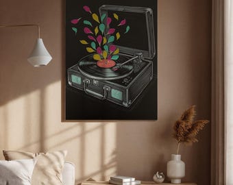 May include: Black framed art print of a vintage record player with colorful abstract shapes emanating from the center. The record player is open, with a record on the turntable. The artwork is displayed on a brown wall.