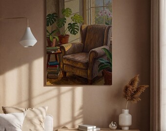 Cozy Reading Nook Canvas Wall Art Framed, Vintage Chair and Plant Print for Living Room, Book Corner, Library or Mindful Home Decor