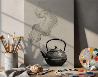 Teapot with Constellations Canvas Wall Art Framed, Celestial Kitchen Decor, Starry Night Astronomy Print for Tea Lovers or Cozy Home Spaces