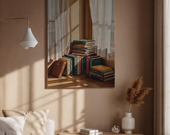 Puede incluir: Una pintura muestra una pila de libros frente a una ventana con cortinas blancas transparentes. Los libros son de varios tamaños y colores, con títulos visibles. La luz del sol entra por la ventana, proyectando sombras. El tema es acogedor y literario.