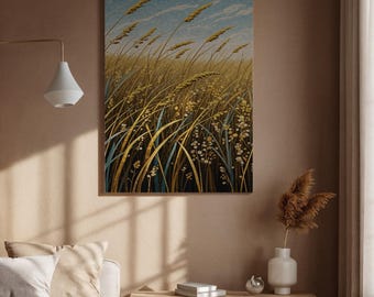 Lienzo de campo de trigo enmarcado, impresión de naturaleza de pastizales dorados, decoración rústica minimalista para sala de estar, oficina o rincón de lectura.
