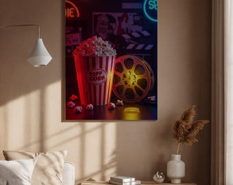 Cuadro decorativo de noche de cine en lienzo: Palomitas de maíz y carrete de película enmarcados / Decoración de cine retro / Póster para sala de estar o sala de entretenimiento