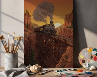 Steam Train Canvas Wall Art Framed, Vintage Locomotive Crossing Canyon Print, Western Railway Landscape Decor for Office or Living Room