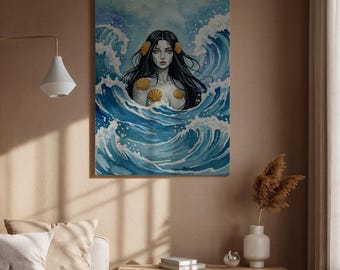 Framed Mermaid Canvas Art, Ocean Waves Watercolor Print, Boho Sea Decor for Living Room, Bedroom, or Beach House, Coastal Wall Art
