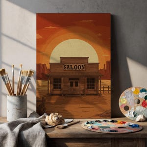 Western Saloon Canvas Wall Art Framed, Rustic Cowboy Bar Sunset Print, Vintage Wild West Building Decor for Living Room, Office or Ranch