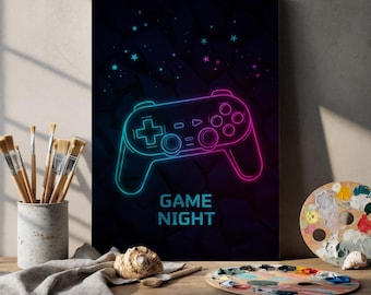 Lienzo decorativo de pared con diseño de controlador de juegos de neón, decoración de habitación de jugador con estrellas, impresión de juegos colorida para dormitorio, sala de estar o sala de juegos.