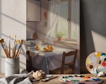May include: A canvas print of a kitchen scene with pears on a table, a window with curtains, and a plant. Paintbrushes in a ceramic container, a palette, and a linen cloth are on a wooden surface in front of the canvas.