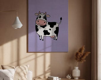 Cow Canvas Wall Art Cute Farm Animal Print Framed, Minimal Black and White Dairy Cow Poster, Country Nursery or Kitchen Decor for Cow Lovers