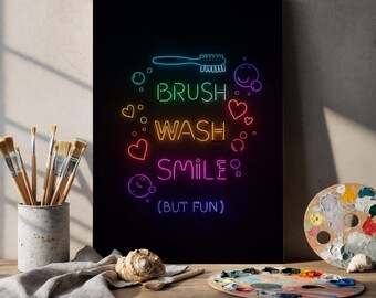 Lienzo de neón para baño enmarcado, impresión con frase "Sonrisa con lavado a pincel", tipografía divertida y colorida para decoración del hogar o el baño de niños.