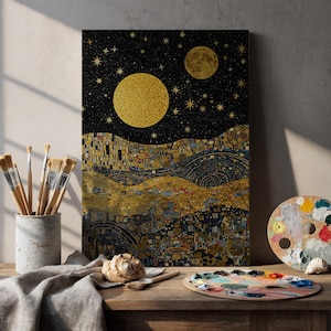 Golden Moon and Stars Canvas Wall Art Framed, Abstract Night Sky Print with Dual Moons, Cosmic Celestial Decor for Living Room or Bedroom