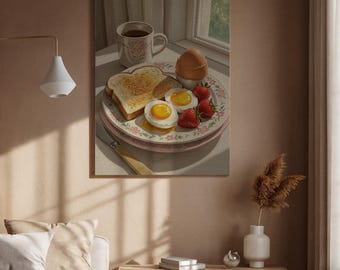 Frühstück Stillleben Leinwand Wandkunst gerahmt, weich gekochtes Ei Toast Druck, gemütliche Küchen Wanddekoration für Esszimmer, Ecke oder Kaffeeecke