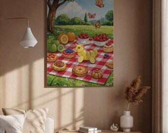 Framed Picnic in the Park Canvas Art, Colorful Food and Fruit on Red Checkered Blanket, Whimsical Picnic Scene for Kitchen or Living Room