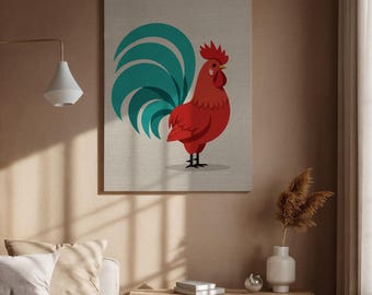 Rooster Canvas Wall Art Colorful Farm Animal Print Framed, Minimal Red Chicken Poster, Rustic Country Kitchen Decor for Dining Room or Cafe