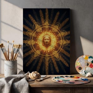 Golden Sun Goddess Canvas Wall Art Framed, Radiant Celestial Mandala Print, Mystical Decor for Living Room, Bedroom or Meditation Space