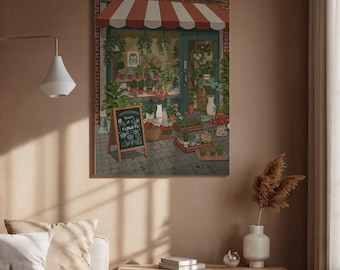 May include: A framed illustration of a flower shop with a red and white striped awning. The shop's entrance is filled with potted plants and flowers. A chalkboard sign in front reads "Flowers". The artwork has a warm, inviting color palette.