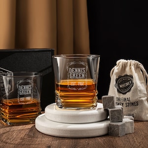 Engraved Whiskey Glasses with Reusable Whiskey Stones, Father&#39;s Day Gift Ideas, New Dad Gift, Birthday Gift Box, Custom Barware Gift for Him