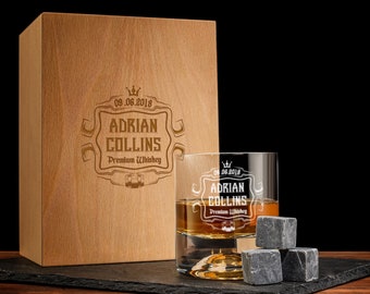 Personalized Valentines Day Whiskey Gift Set, Personalized Glass, Whiskey Stones & Wood Box, Engraved Glass Set Gift for Whiskey Lover