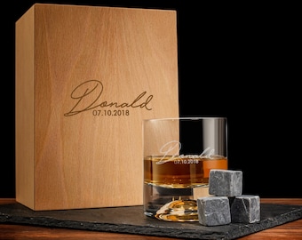 Engraved Whiskey Glass Set with Wooden Box & Whiskey Stones