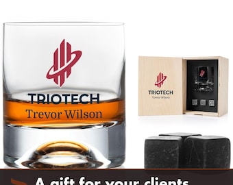 Client Gift with Your Logo, Full Color Whiskey Glass and Stones, Wooden Gift Box