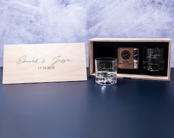 Personalized Whiskey Glass Set, Engraved Wooden Box, Wedding Gift