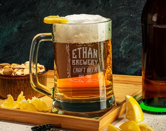 Personalized Beer Mug, Drinking Gifts for Beer Lover, Custom Engraved Glass, First Father's Day, New Dad Gift, 1st Anniversary Gift for Him.