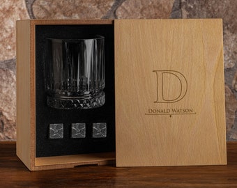 Monogrammed Whiskey Gift Set, Engraved Wooden Box, Bourbon Glass & Stones