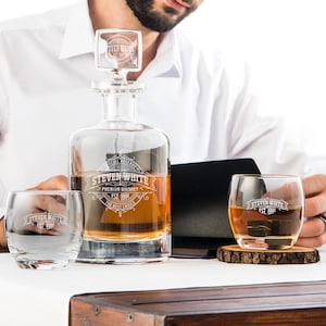 Premium Whiskey Decanter Set in Handmade Wood Box with Stones, Personalized Whiskey Glasses Set Gift For Husband, Father&#39;s Day Gift for Dad.
