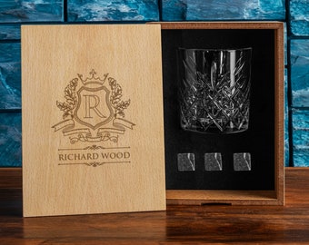 Crystal Whiskey Glass Set with Premium Whiskey Stones, Custom Wooden Gift Box as First Father's Day Gift, New Dad Birthday Gifts for Him Her