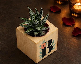 Couple Planter, Live Succulent in Personalized Wood Cube, Initial, Name or Photo