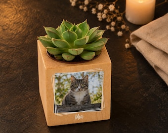 Pet Memorial Planter with Photo and Name, Live Succulent in Solid Wood Cube, 2.75 in