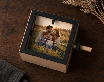 Personalized Photo Flipbox with Hand Crank, Wood Veneer, 8 Picture Cards, 3.7 in