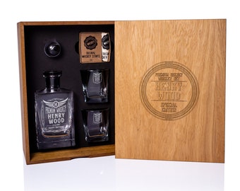 Personalized Whiskey Decanter Set, Bourbon Glasses, Whiskey Stones, Engraved Wooden Box