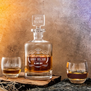 Personalized Whiskey Glass Set with Stones, Premium Whiskey Decanter Set with Wooden Box, Whiskey Smoker Gifts for Dad, Husband, Grandpa.