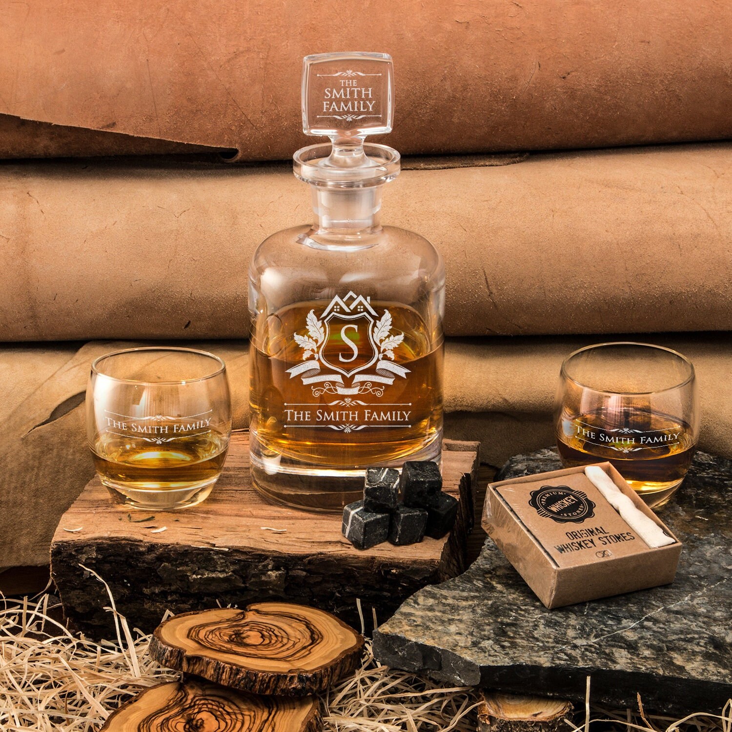 Personalized Whiskey Decanter Set With Premium Quality Whiskey Stones, Engraved Glasses, First Fathers Day Gift For New Dad, Retirement Gift
