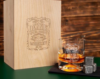 Personalized Whiskey Set with Premium Whiskey Stones, Etched Whiskey Glasses & Wooden Box, Custom Father's Day Gift for Dad, Gift from Wife.