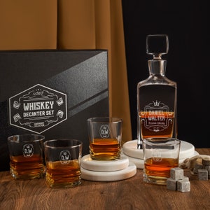 Engraved Whiskey Decanter Set with Premium Whiskey Stones Set, Personalized Father&#39;s Day Gift from Son Daughter, Whiskey Gift for Husband.