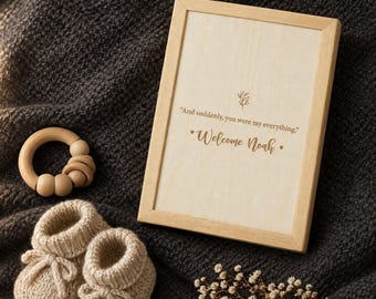 Baby Name Photo Frame, Engraved Wooden Book Frame with Birth Details, New Baby