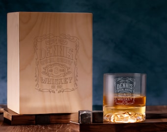 Personalized Wood Whisky Box, Valentines Gifts, Whiskey Glass Set, Custom Barware Gift Set, Gift Set for Whiskey Lovers. Gift for Boyfriend