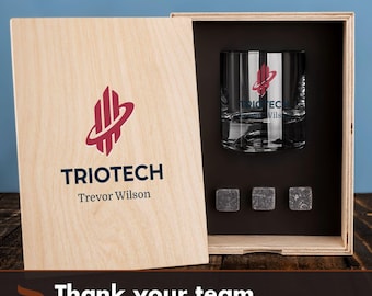 Employee Appreciation Gift, Custom Logo Whiskey Glass Set, Personalized Wood Box