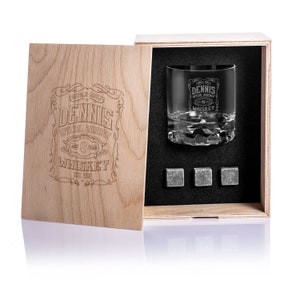 Signature Custom Wood Whisky Box, Valentines Day Gift, Whiskey Glass Set, Custom Barware Gift Set, Gift Set for Whiskey Lovers. Gift for Him Design #3