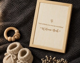 Baby Name Photo Frame, Engraved Wooden Book Frame with Birth Details, New Baby
