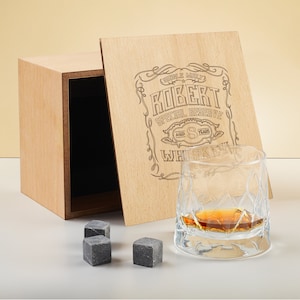 Custom Wood Whiskey Box, Whiskey Glass Set - Gifts for Him, Dad, Boyfriend, Husband, Father&#39;s Day, Birthday, Grandpa, Custom Barware for Men