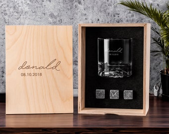 Signature Custom Wood Whisky Box, Valentines Day Gift, Whiskey Glass Set, Custom Barware Gift Set, Gift Set for Whiskey Lovers. Gift for Him