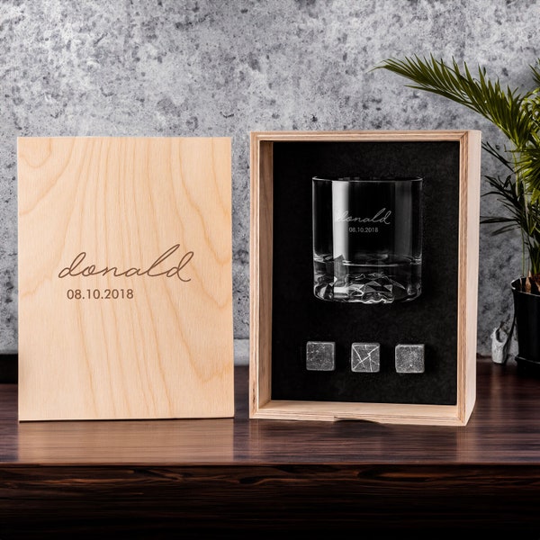 Boîte à whisky en bois personnalisée signature, cadeau de Saint-Valentin, ensemble de verres à whisky, ensemble cadeau d'articles de bar personnalisés, ensemble cadeau pour amateurs de whisky. Cadeau pour lui