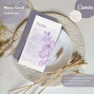 Tarjeta de menú violeta verso anverso editable, plantilla de Canva