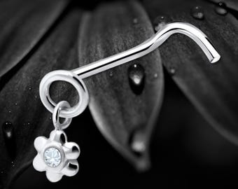 Sterling Silver Nose Stud: Crystal Flower Charm, Delicate Piercing Jewelry