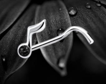 Sterling Silver Musical Note Nose Stud: Crystal Accent
