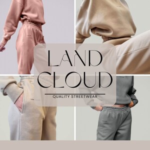 Puede incluir: Un collage de cuatro imágenes que muestran una variedad de pantalones de chándal en diferentes colores. Los pantalones de chándal están hechos de una tela suave y cómoda y tienen una cintura con cordón y puños elásticos. El texto "LAND CLOUD QUALITY STREETWEAR" se muestra en el centro del collage.